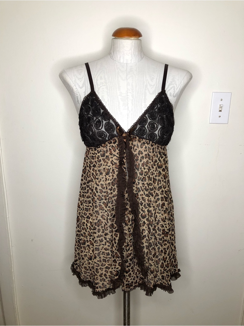 Leopard Print Lace-Trim Chemise Nightdress - Brown/Black